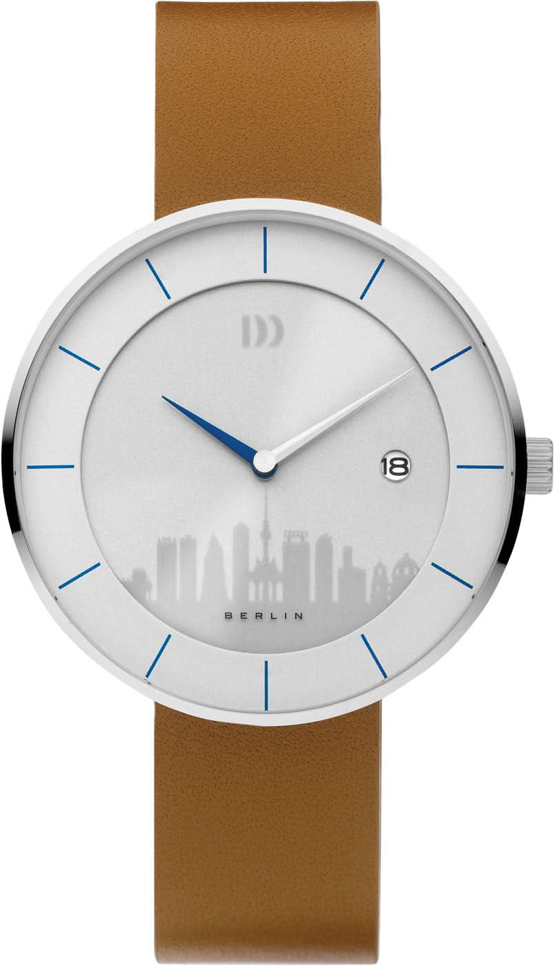 Orologio da uomo con cinturino in pelle marrone, cassa argentata e quadrante con indici blu