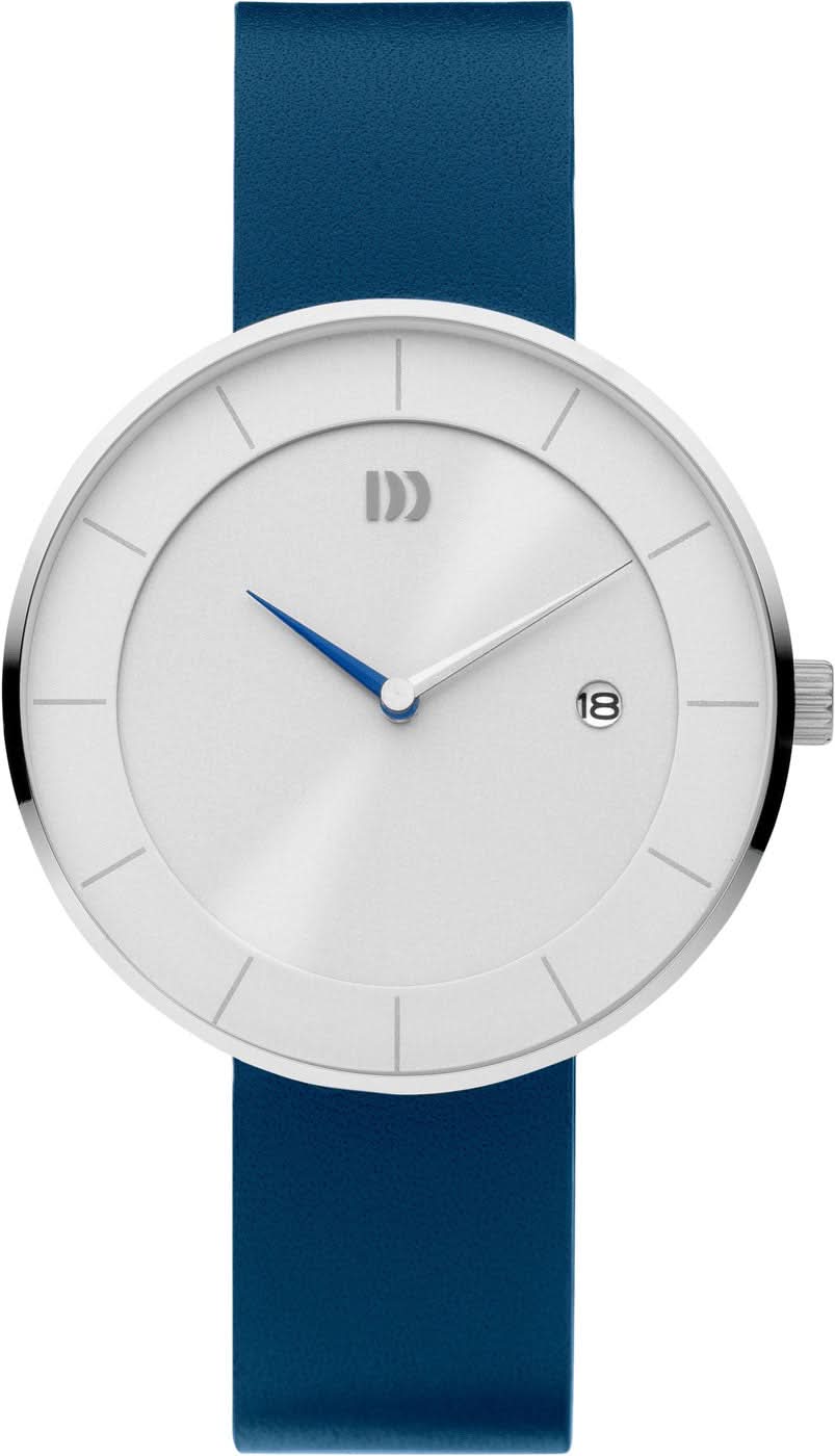 Orologio da uomo con cassa rotonda in argento, quadrante grigio e cinturino in pelle blu.