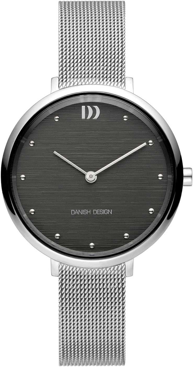 Danish Design Damenuhr mit dunklem Zifferblatt, silbernem Metall-Meshband und schlanker Zeigeranzeige