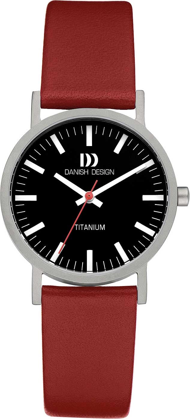 Damenuhr mit rotem Lederarmband und schwarzem Zifferblatt, silbernem Gehäuse