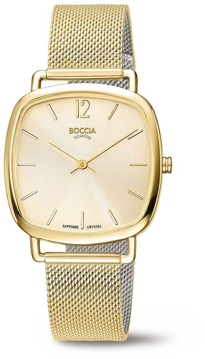 Orologio da donna con cassa color oro e cinturino a maglia, quadrante color crema.