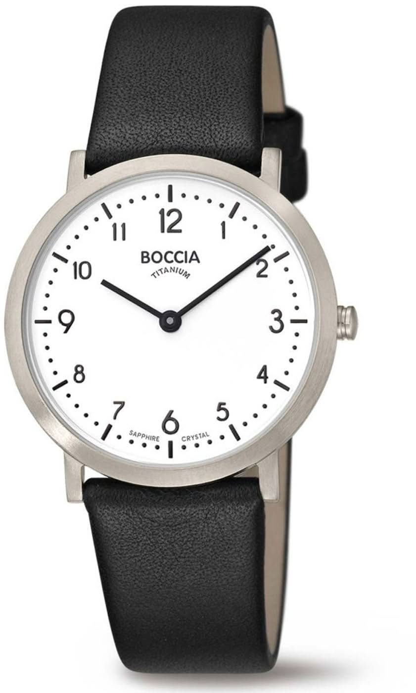 Orologio da donna con cinturino in pelle nera, cassa argentata e quadrante bianco (Boccia).