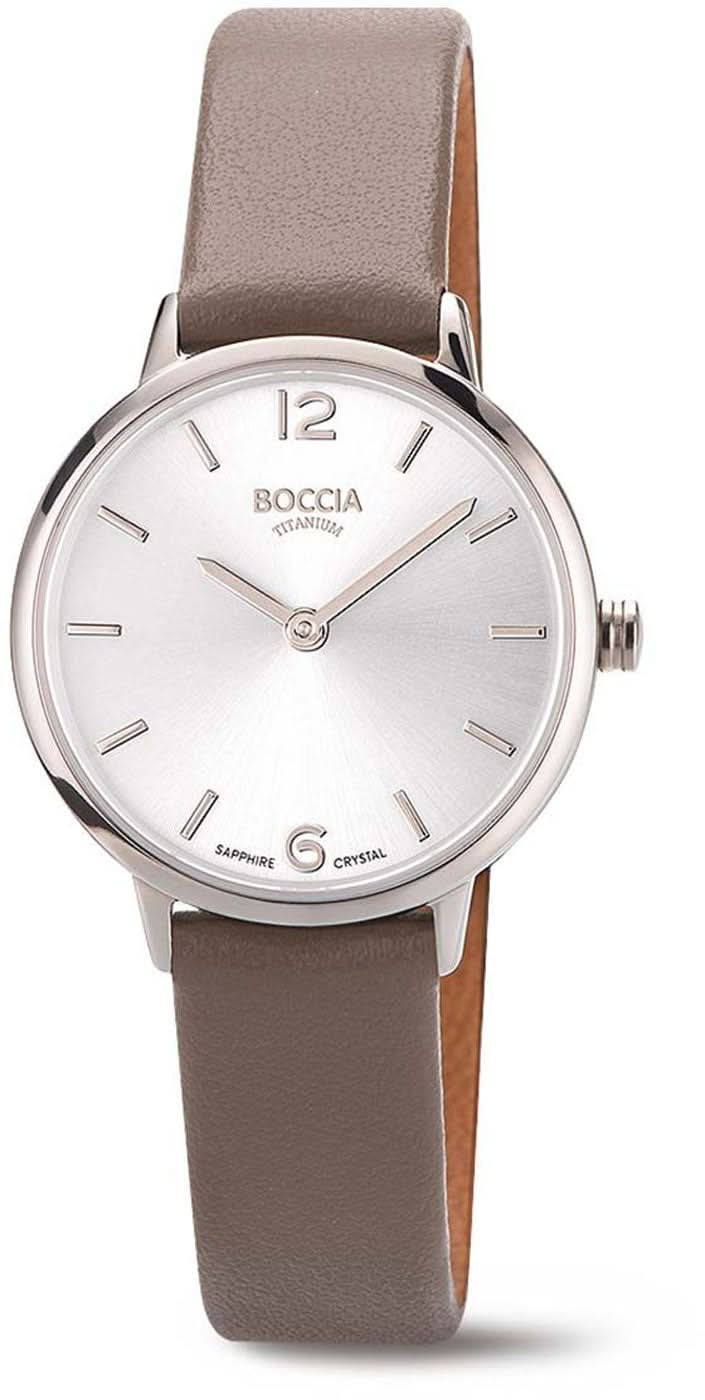 Orologio da donna Boccia con cinturino in pelle marrone, cassa rotonda, quadrante bianco