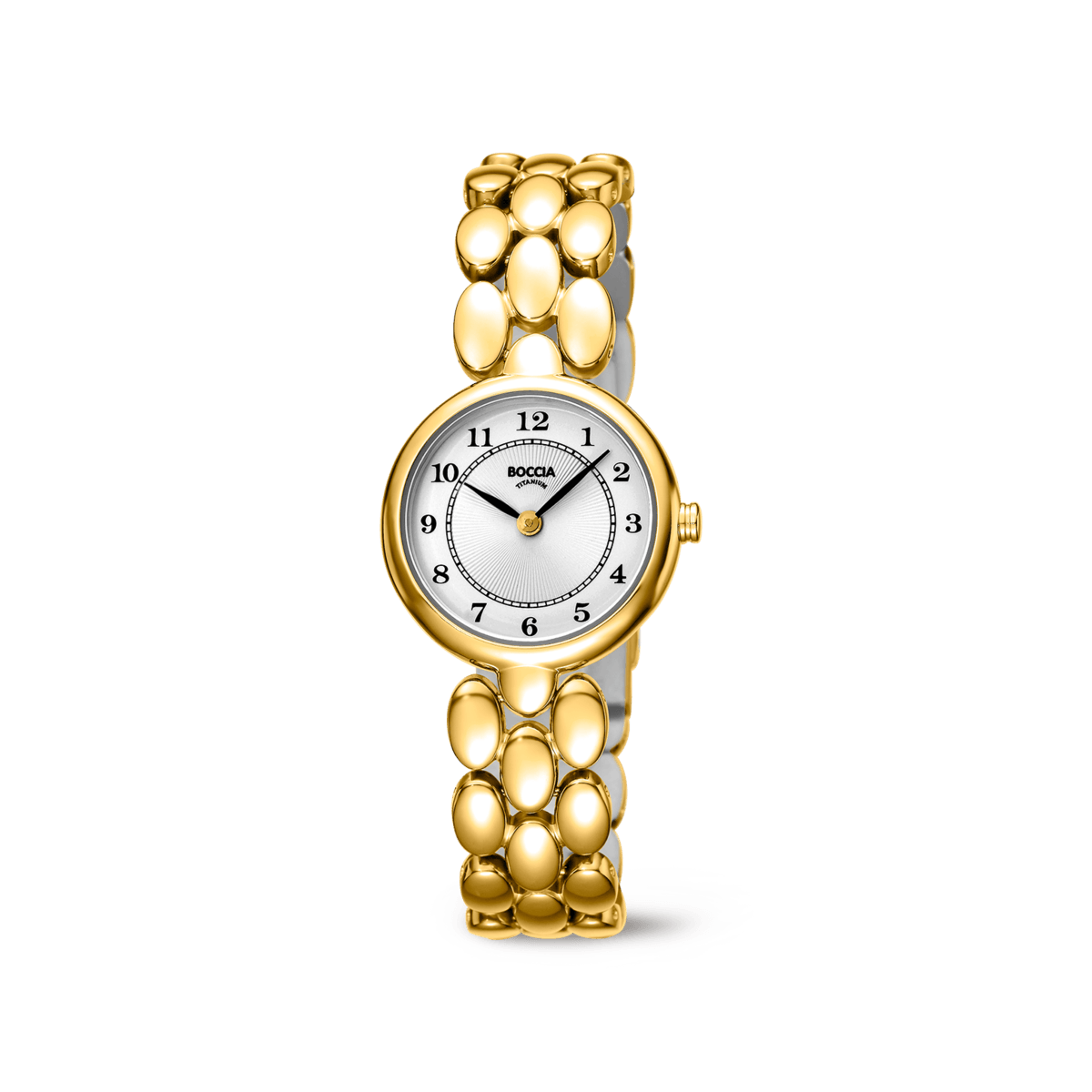 Damenarmbanduhr mit goldfarbenem Edelstahlarmband und weißem Zifferblatt
