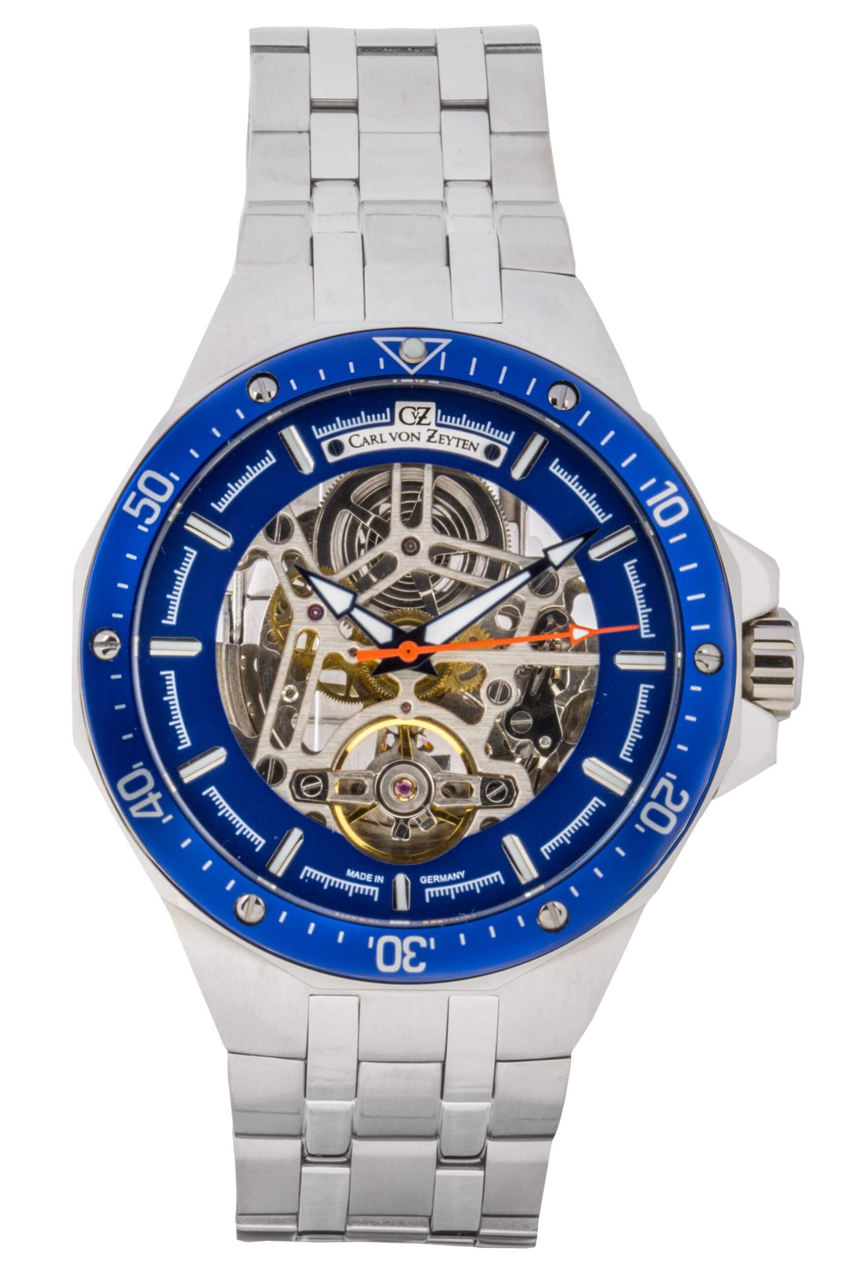 Carl von Zeyten Urberg CVZ0094BLMS Herrenuhr Silber Blau • Skelettuhrwerk Automatik • Saphirglas