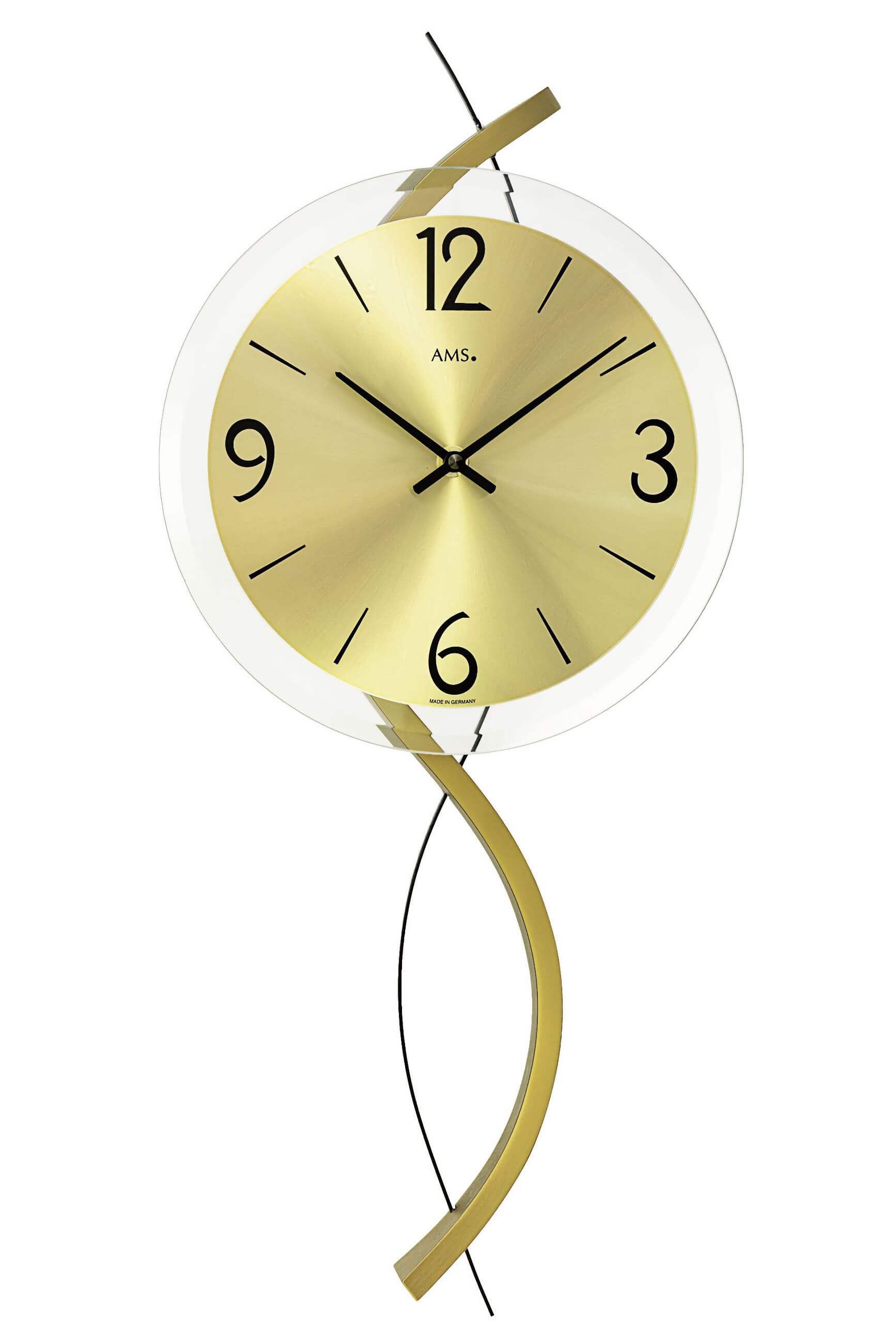 Orologio da parete con quadrante rotondo, lancette color oro e cassa in legno, logo AMS