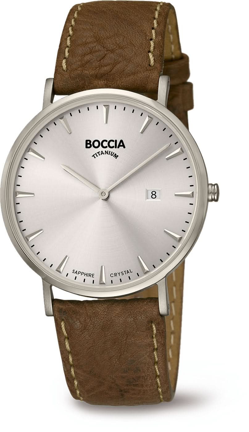 Orologio da polso da uomo Boccia con cassa argento, cinturino in pelle marrone, quadrante bianco e datario