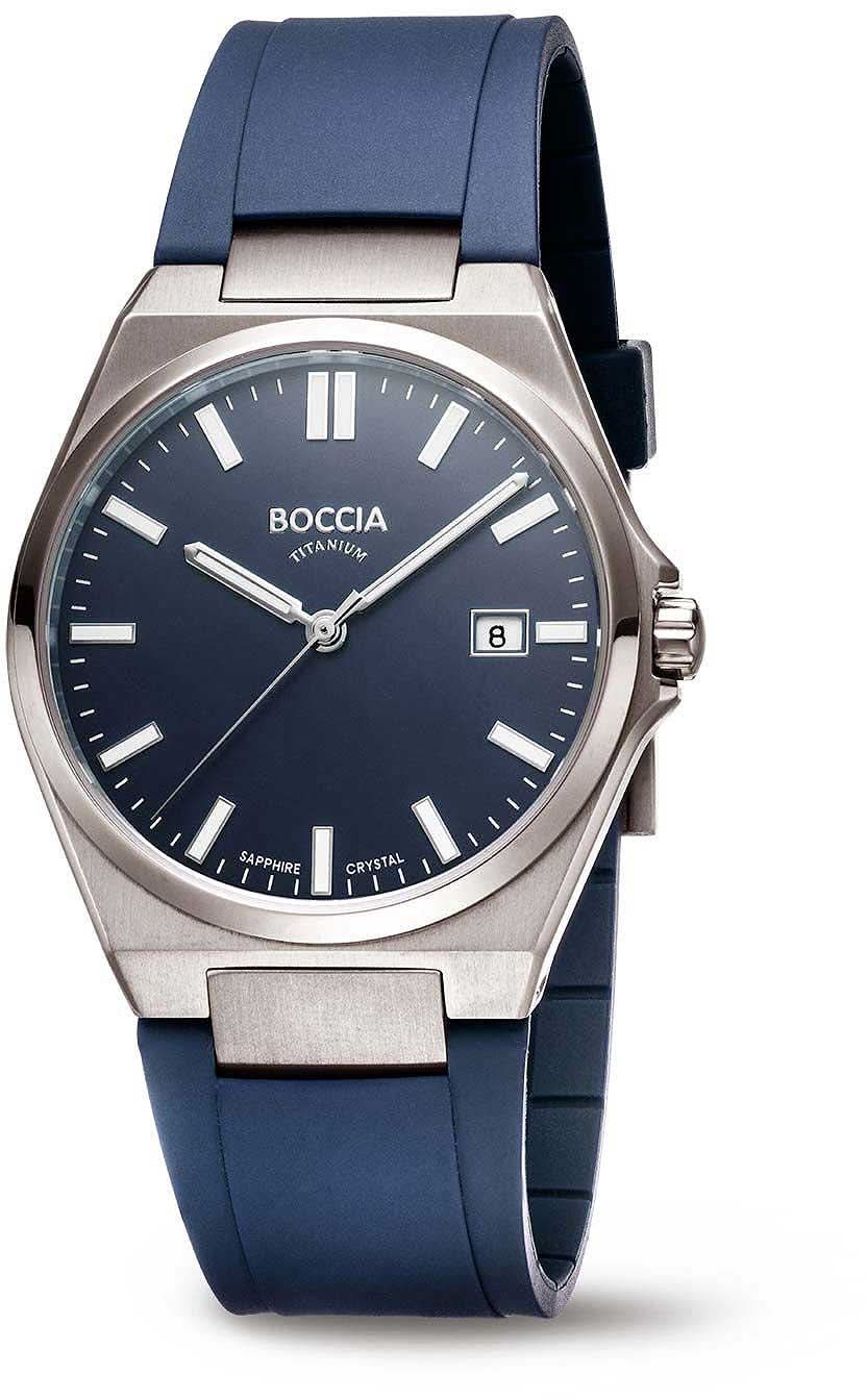 Orologio da uomo con quadrante blu scuro, cassa color argento e cinturino blu scuro, datario