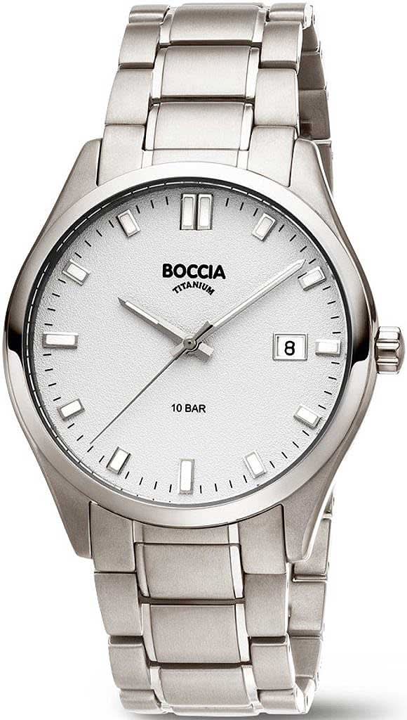 Herrenarmbanduhr Boccia mit silberfarbenem Zifferblatt und Reintitan-Metallband, analog