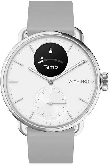"Orologio smartwatch ibrido Withings con cinturino in silicone grigio e quadrante bianco, indicatore di temperatura"