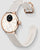 Damen Smartwatch mit roségoldener Lünette und beigem Silikonband, Gehäuse im Blick.