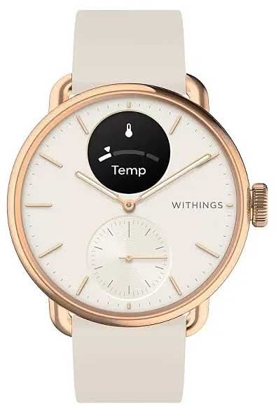 Damen Smartwatch: roségoldenes Gehäuse, beiges Silikonband, schwarzes Temp-Display.