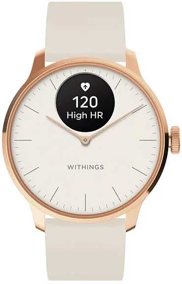 Smartwatch con cinturino in silicone beige e lunetta in oro rosa, display nero 'High HR'.