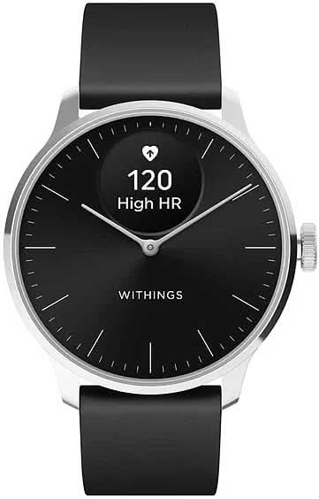 Orologio smart rotondo con quadrante nero, cinturino in silicone nero e cassa argentata