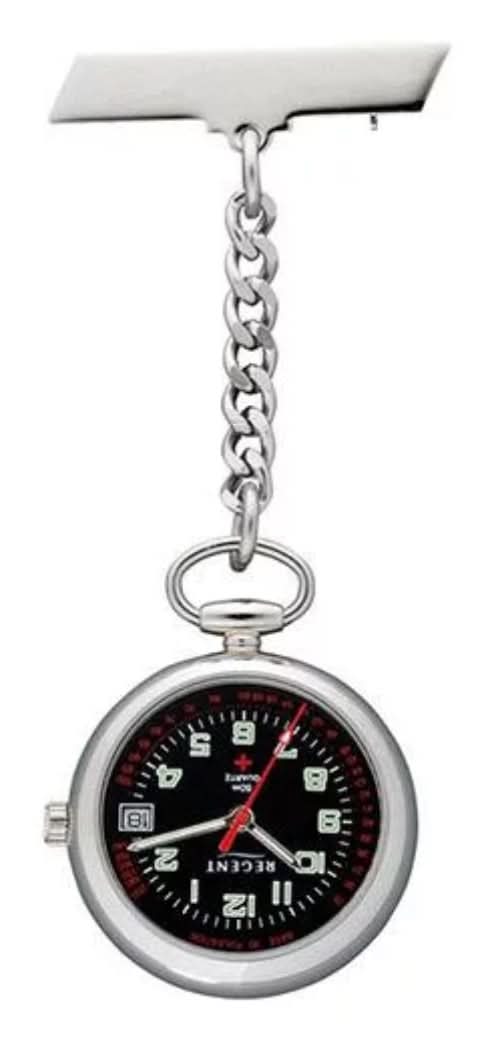 Ciondolo orologio da tasca con cassa rotonda, quadrante rosso/bianco e catena in metallo