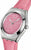 Orologio Swatch da donna con cinturino laterale in pelle rosa, cassa argentata e quadrante rosa.