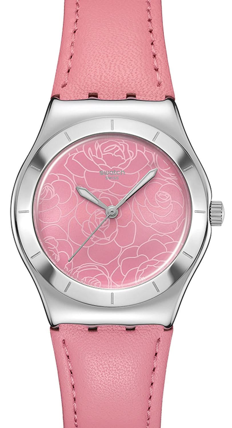 Orologio Swatch da donna con cassa argentata, cinturino in pelle rosa e quadrante floreale rosa.