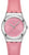 Orologio Swatch da donna con cassa argentata, cinturino in pelle rosa e quadrante floreale rosa.