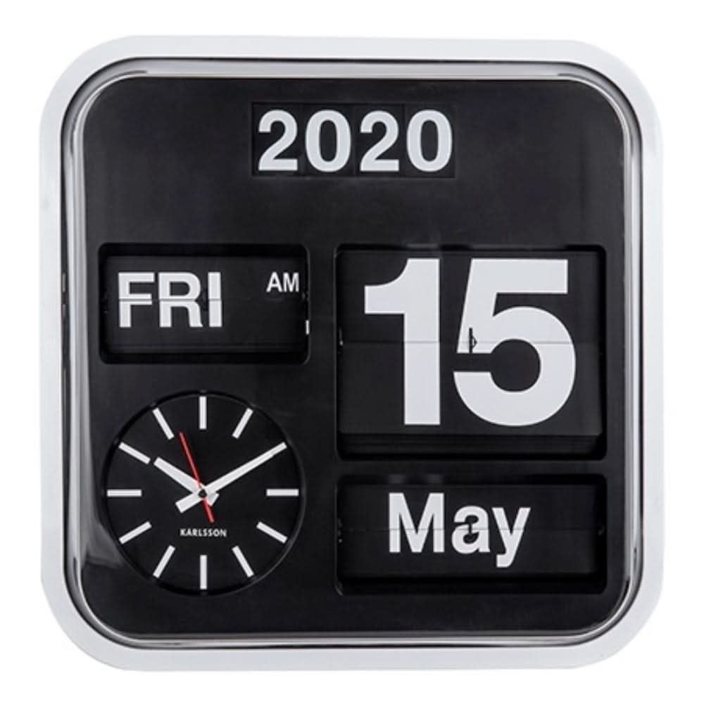 Orologio da parete con quadrante nero, display 2020/15 e funzione calendario, cornice bianca