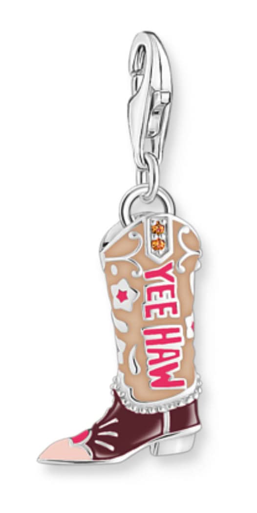 Charm pendente stivale da cowboy in smalto argentato, passante per collana e dettagli colorati