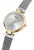 Bracciale da donna, vista laterale: lunetta dorata, quadrante argentato, cinturino a rete