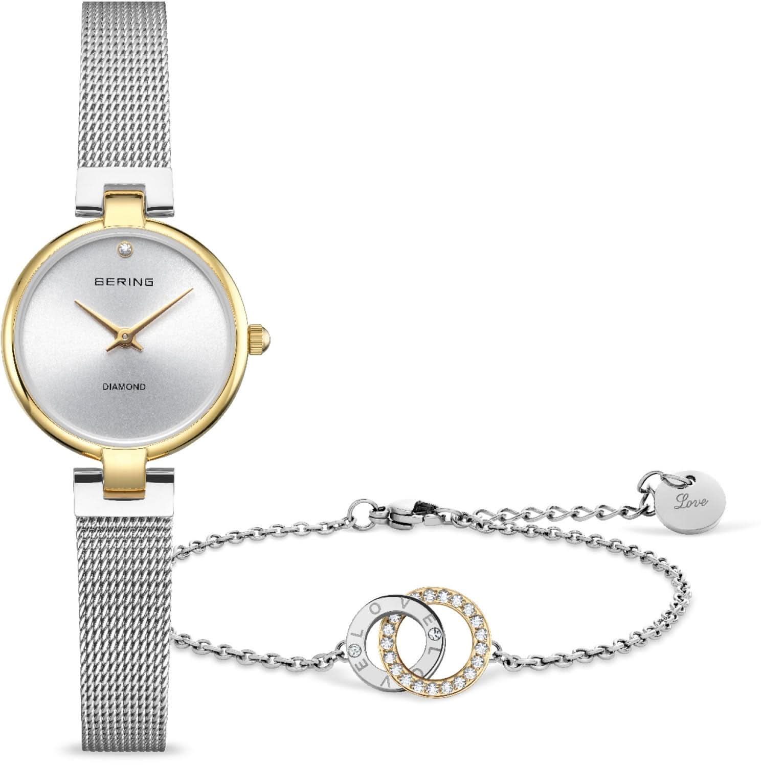 Orologio da donna con cinturino in maglia argentata, cassa dorata e quadrante bianco