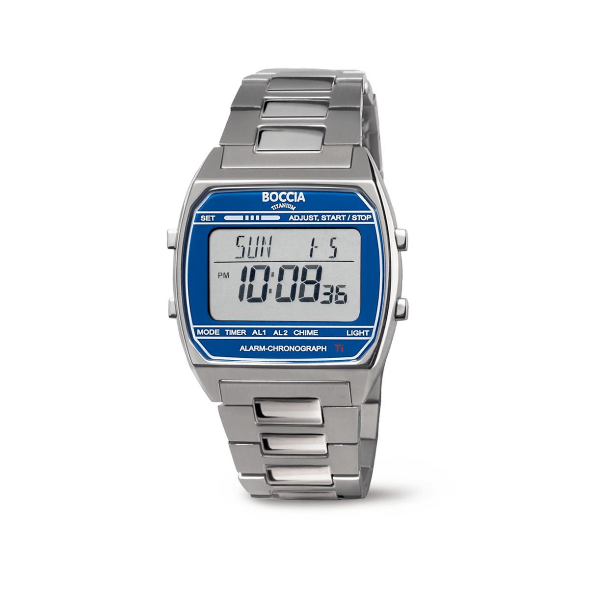 Boccia 3738-06 Unisex-Armbanduhr Blau • Reintitan-Gehäuse • Digitalchronograph mit Alarm