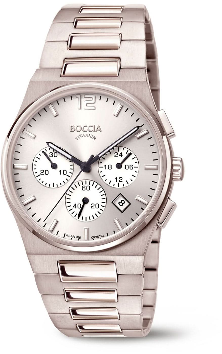 Herrenarmbanduhr mit silberfarbenem Zifferblatt, Stoppuhr-Subdials und Metallarmband