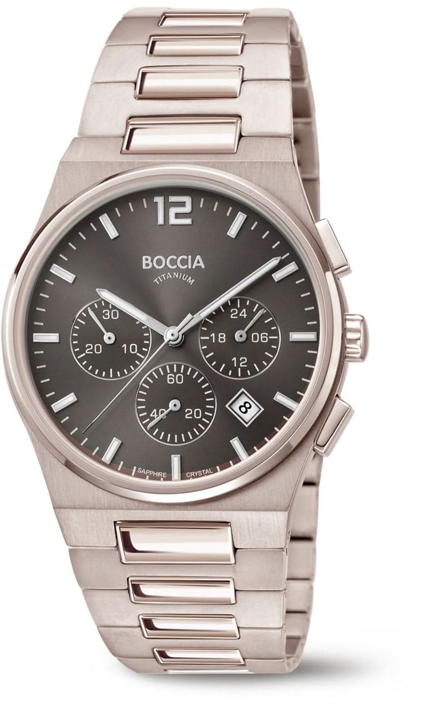 Orologio da donna con bracciale in metallo color argento e quadrante nero con sotto-quadranti cronografo