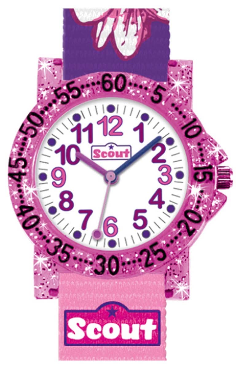 Orologio educativo da bambina con quadrante rosa-viola, cinturino rosa, logo Scout
