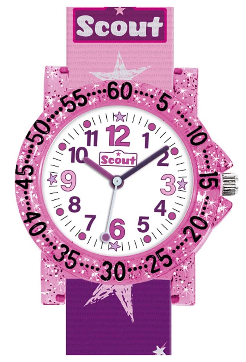 Orologio da bambina Scout con quadrante rosa, stelle, cinturino in plastica e ghiera numerata