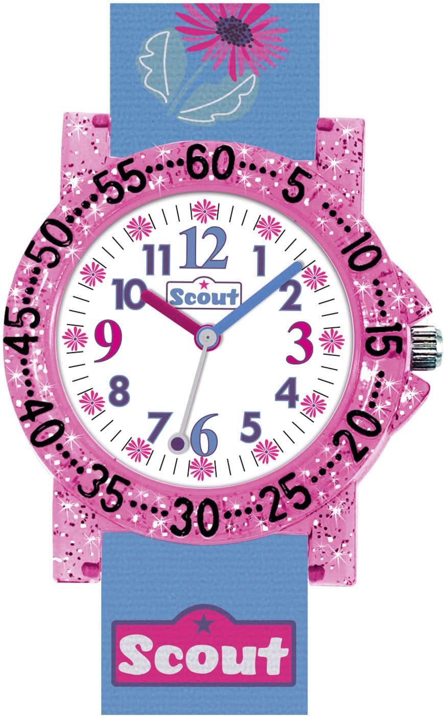 Orologio educativo da bambina con cinturino rosa e blu, motivo di cavallo e fiori, numeri, logo Scout