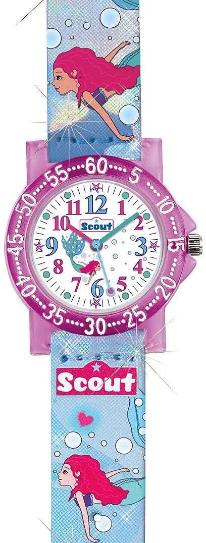 Bracciale da bambina con quadrante rosa, motivo marino colorato e cinturino rosa