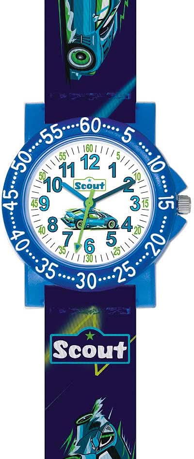 Orologio per bambini con cinturino in tessuto blu, quadrante analogico e logo Scout, motivo verde chiaro