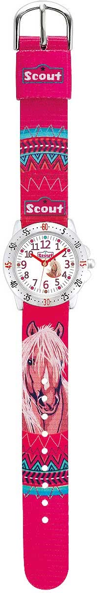 Orologio didattico per bambina con cinturino rosa, quadrante bianco rotondo e motivo a cavallo