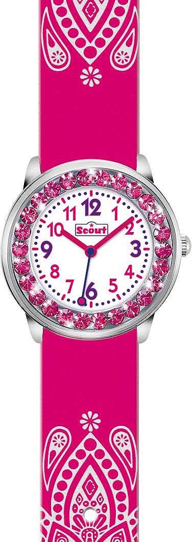 Orologio da bambina con quadrante rosa glitterato, cassa rotonda e cinturino rosa con fantasia