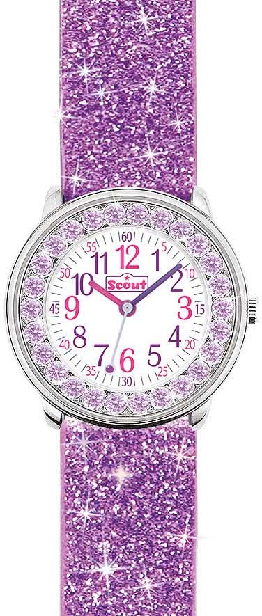 Orologio da bracciale da bambina viola glitterato con quadrante rotondo e cassa argentata