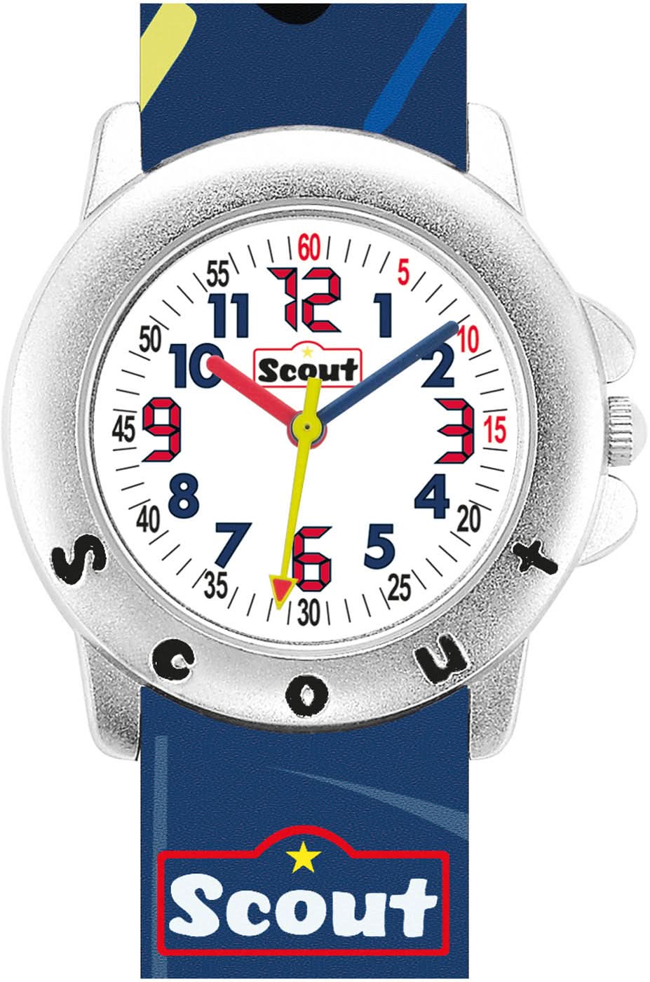 Orologio da bambino con cassa argentata, cinturino blu e quadrante colorato (Scout)