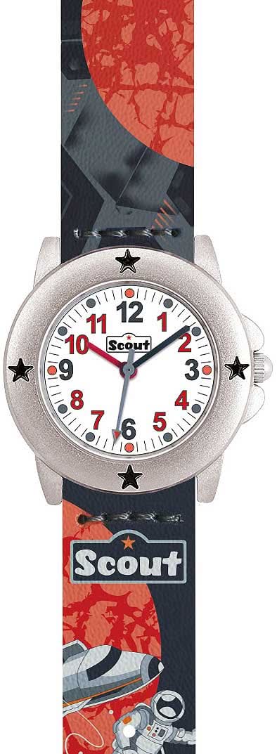 Orologio didattico per bambini con quadrante rotondo, numeri rossi e stelle, cinturino blu scuro