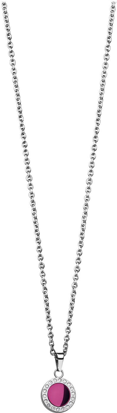Collana in acciaio inossidabile con ciondolo rotondo e inserto viola, catena a maglie fini
