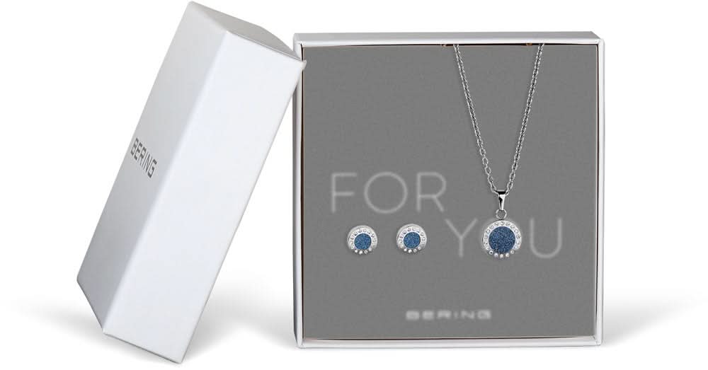 Set di gioielli Bering: collana con pendente e orecchini a bottone rotondi blu