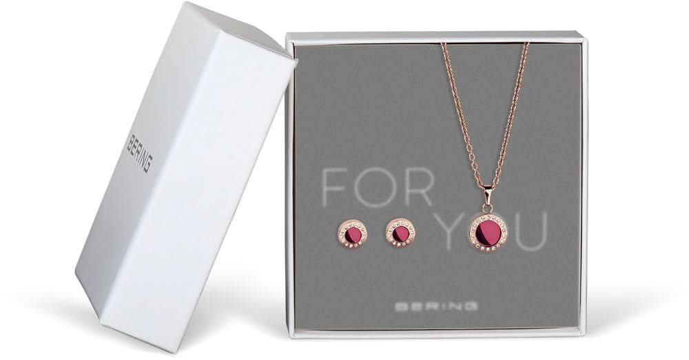 Set di gioielli composto da collana e orecchini a lobo, color oro rosa, ciondolo rotondo viola, pietre