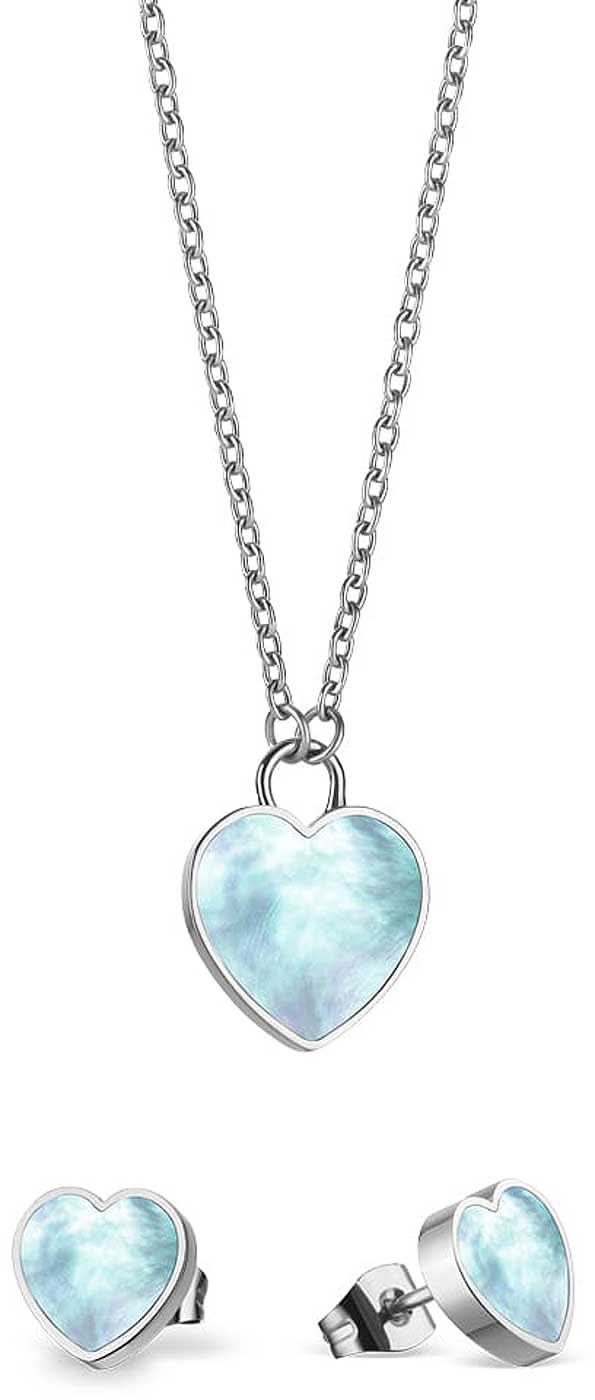 Collana in argento con ciondolo a forma di cuore e orecchini abbinati, cuore azzurro