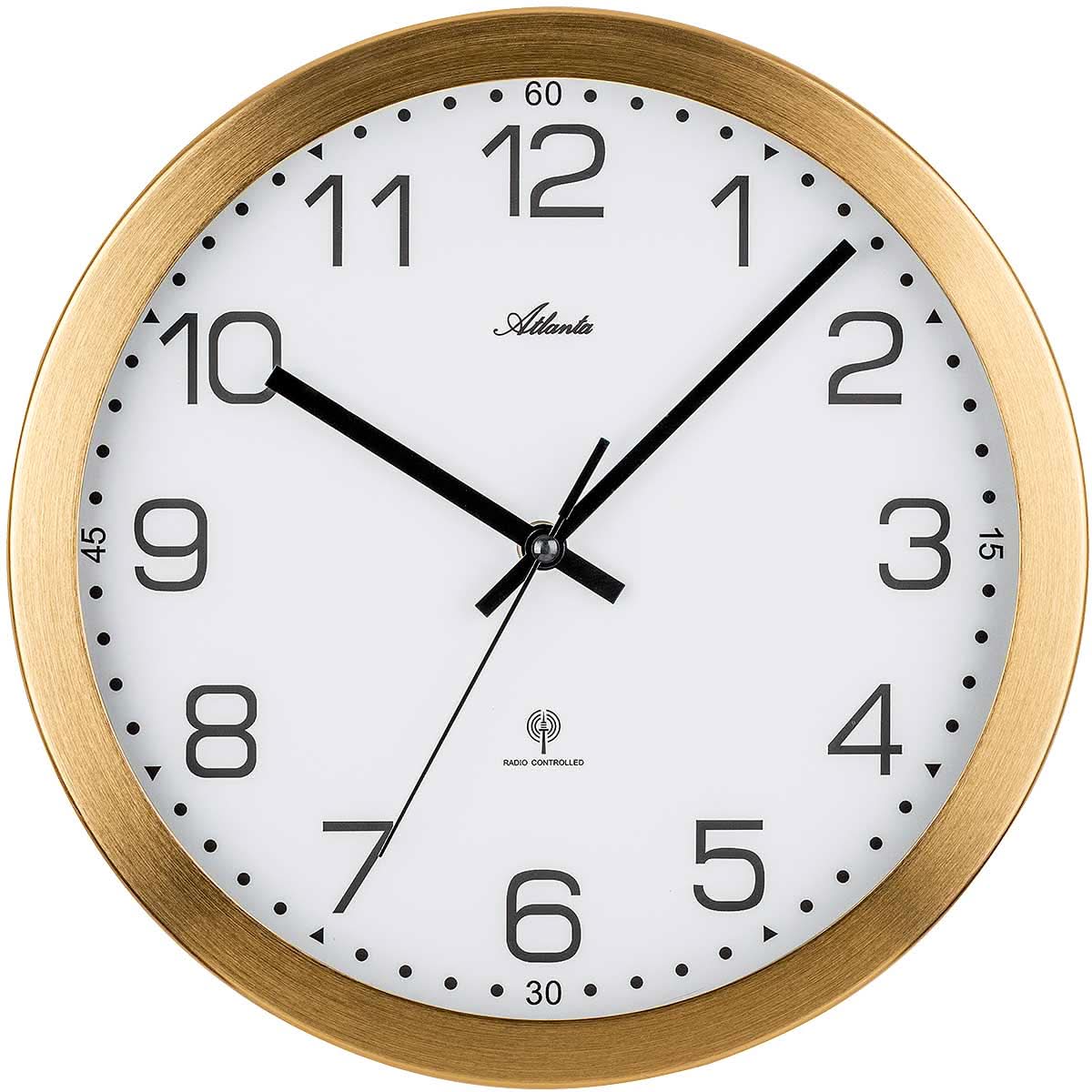Runde Wanduhr mit goldfarbenem Rand, weißem Zifferblatt und schwarzen Zeigern, Atlanta