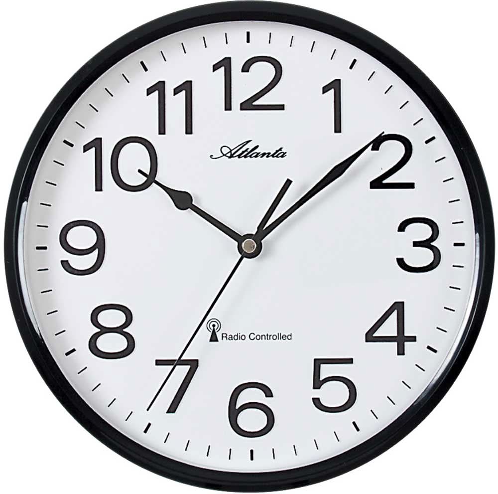 Orologio da parete rotondo con cornice nera, quadrante bianco e lancette nere, Atlanta
