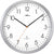 Metall-Wanduhr mit silbernem Rahmen, weißem Zifferblatt, schwarzen Zeigern und orangefarbener Sekunde