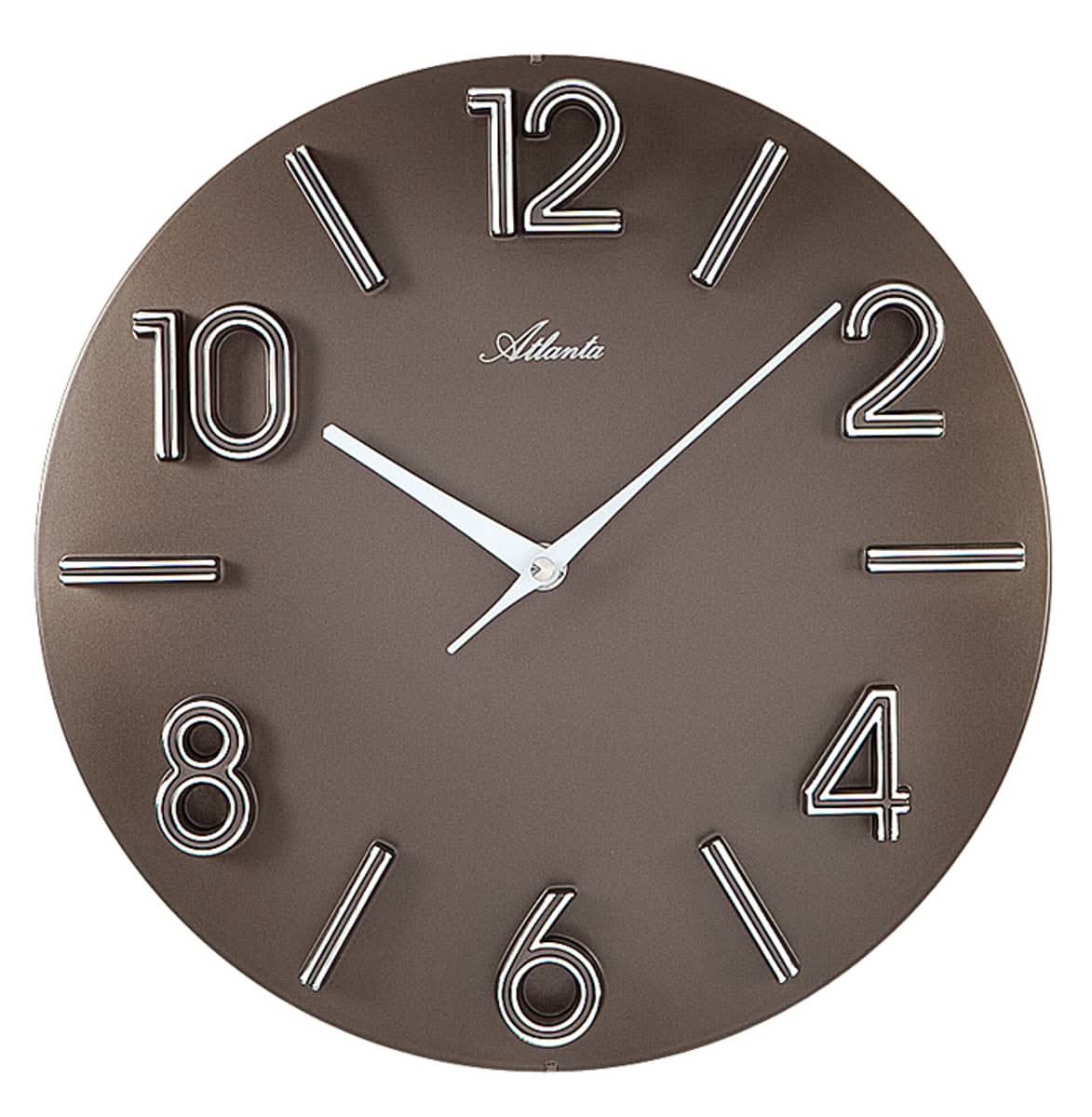 Orologio da parete rotondo con quadrante marrone, lancette a bastone bianche e numeri grandi