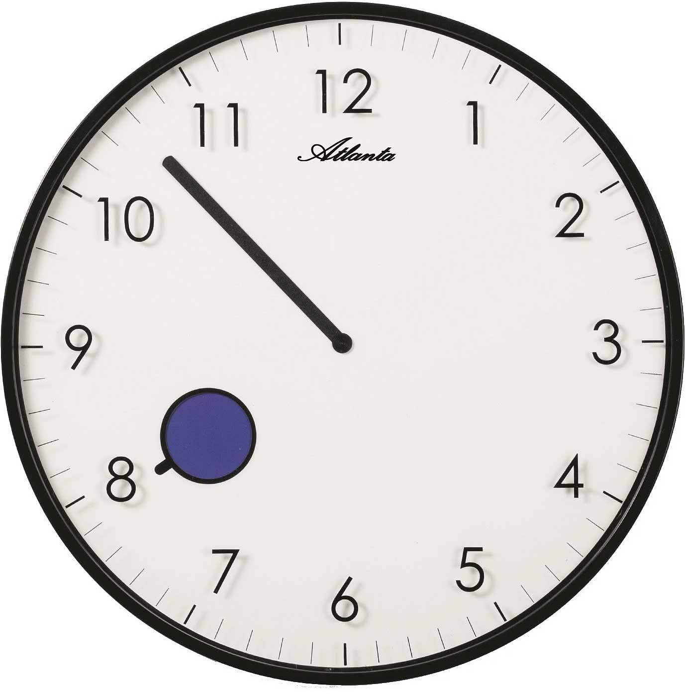 Orologio da parete con cornice nera, quadrante bianco, lancette grandi e punto delle ore blu