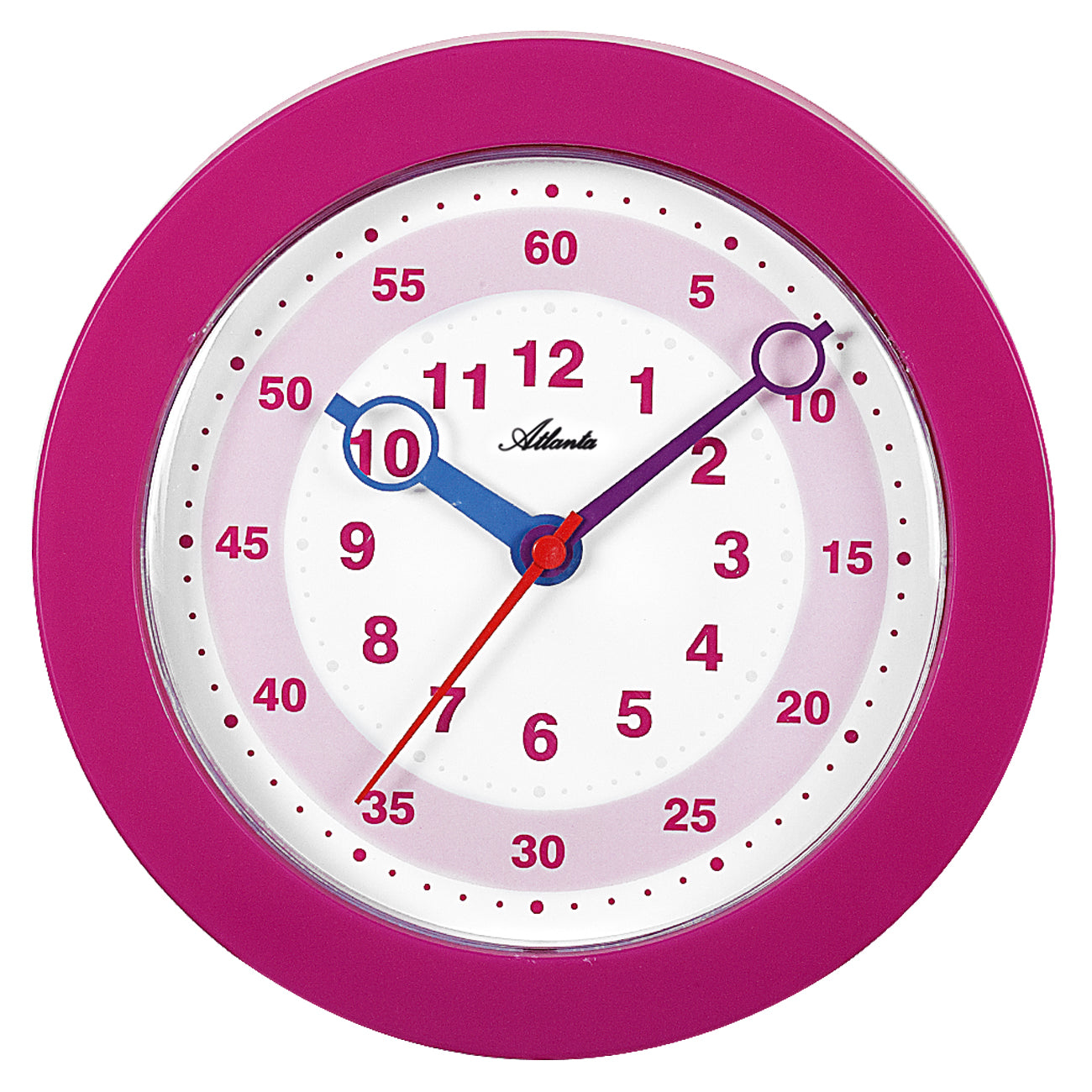 Runde Wanduhr mit pinkem Rahmen, weißem Zifferblatt und blauen Zeigern.