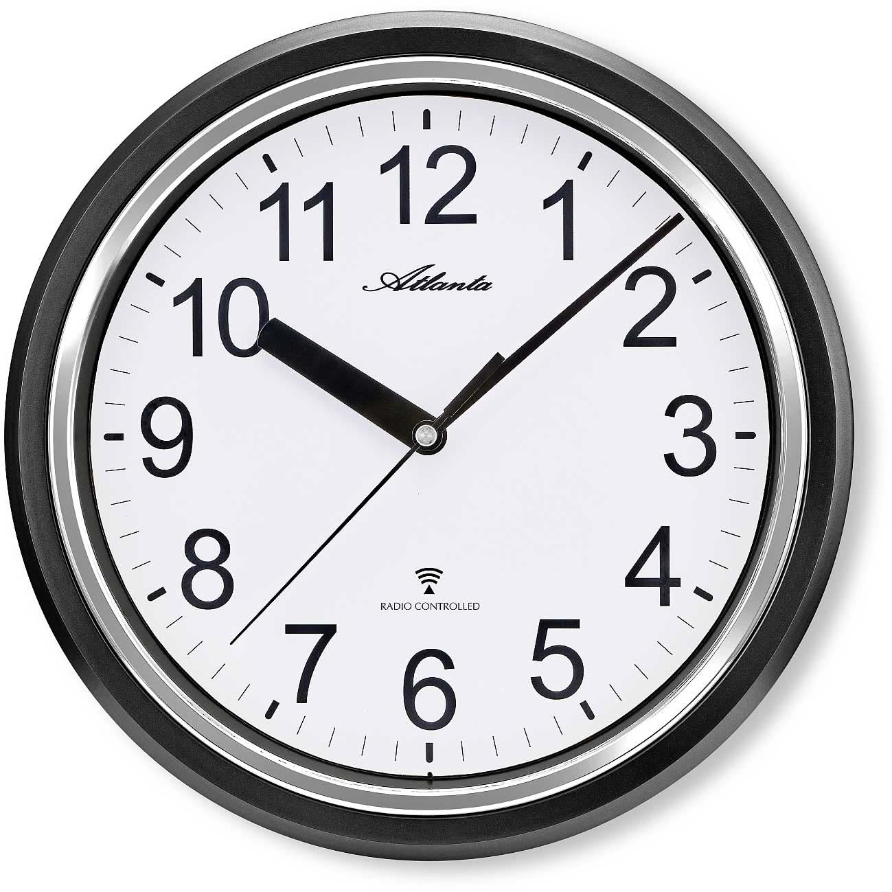 Orologio da parete Atlanta con cornice in plastica nera e quadrante bianco, radiocontrollato